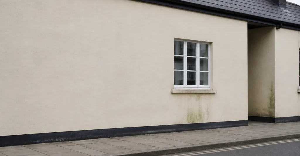 Rendered exterior wall with stains returning beneath a window.
