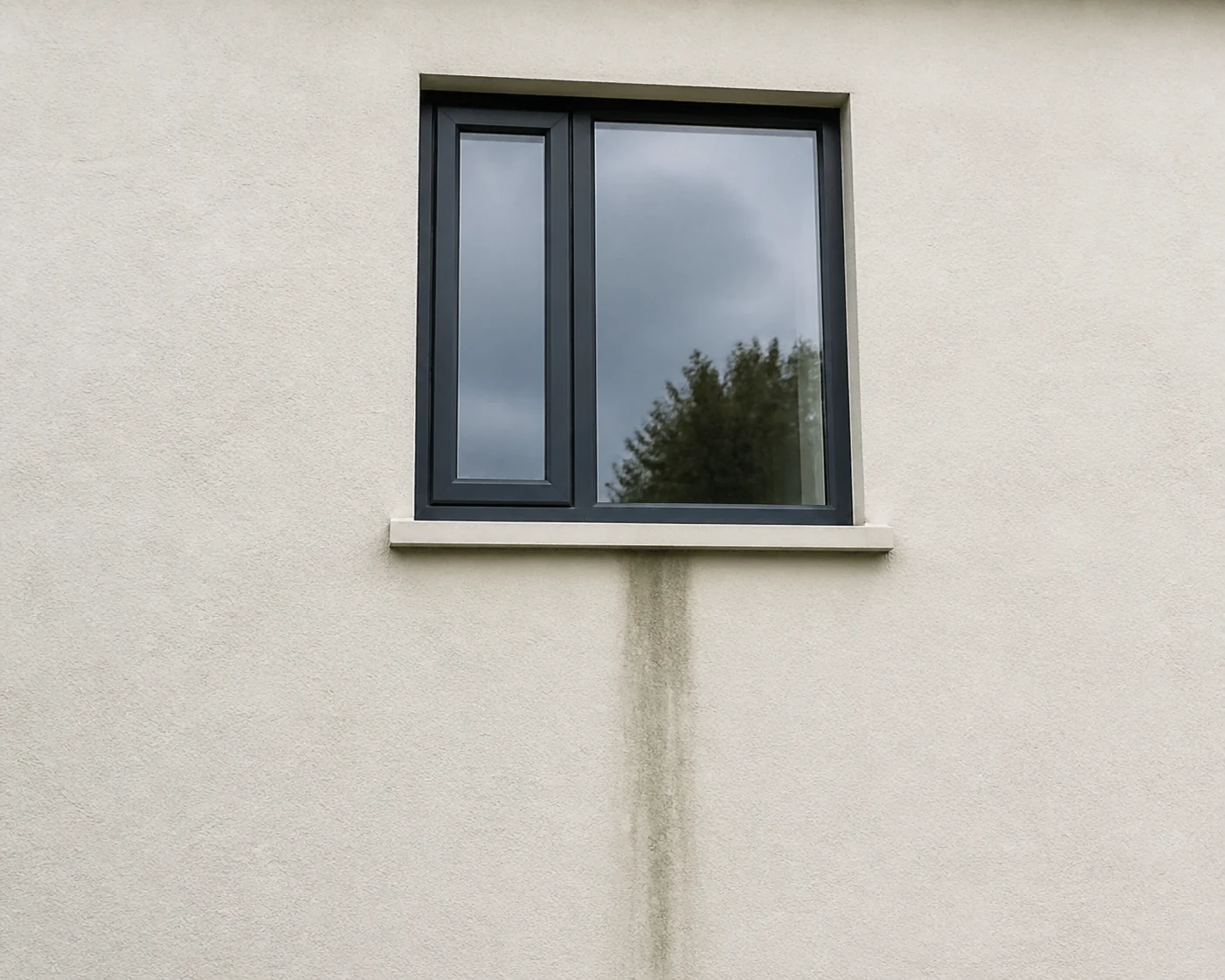 Vertical staining on render below a window sill.